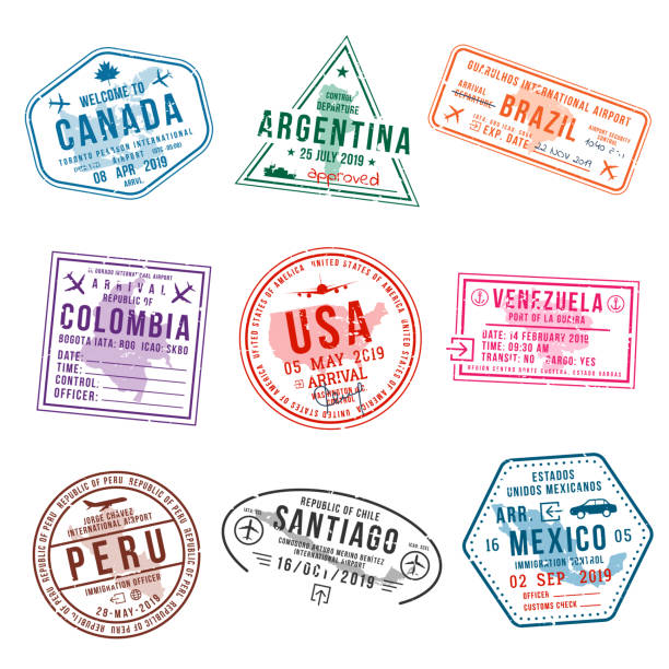 satz von travel visum briefmarken für pässe. international und immigration büro-stempel. an- und abreise visum briefmarken - travel to mexico stock-grafiken, -clipart, -cartoons und -symbole