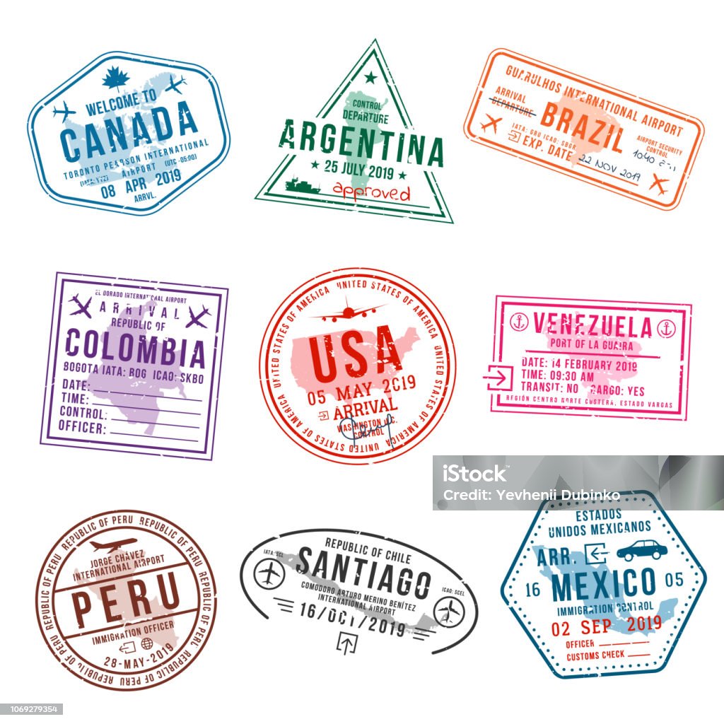 Set of travel visa stamps for passports. International and immigration office stamps. Arrival and departure visa stamps Set of travel visa stamps for passports. International and immigration office stamps. Arrival and departure visa stamps to American countries - USA, Canada, Brazil, Mexico. Vector Rubber Stamp stock vector