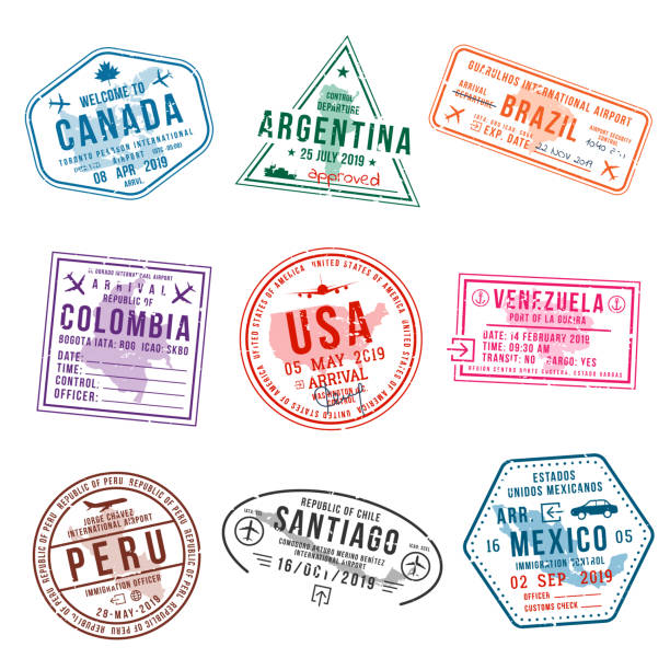 Set of travel visa stamps for passports. International and immigration office stamps. Arrival and departure visa stamps Set of travel visa stamps for passports. International and immigration office stamps. Arrival and departure visa stamps to American countries - USA, Canada, Brazil, Mexico. Vector airport patterns stock illustrations