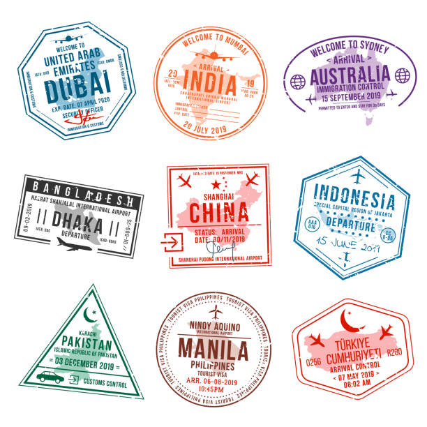 여행 비자 스탬프를 여권에 대 한의 집합입니다. 국제, 이민 사무실 우표입니다. 도착 및 출발 비자 스탬프 - indonesia stock illustrations