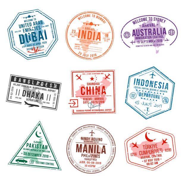 ilustrações de stock, clip art, desenhos animados e ícones de set of travel visa stamps for passports. international and immigration office stamps. arrival and departure visa stamps - passport postage stamp india passport stamp