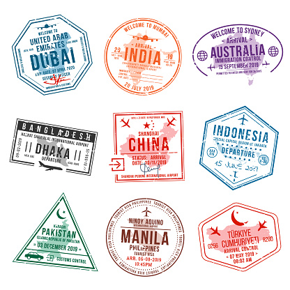 Set of travel visa stamps for passports. International and immigration office stamps. Arrival and departure visa stamps to Asian countries - China, India, Indonesia, Turkey. Vector