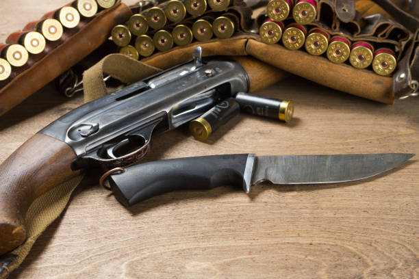 istock Hunting rifle and ammunition lie on wooden background. Copy space 1069281562