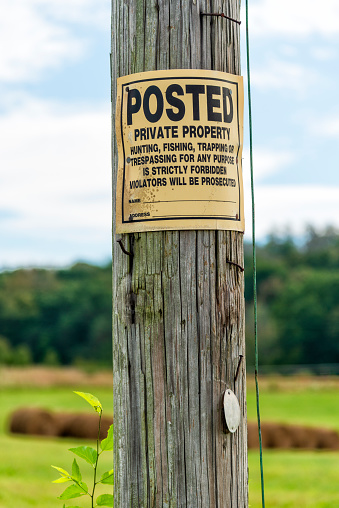 Vertical close-up shot of a No Trespassing Sign On a Telephone Pole.