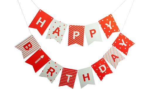 Card template with red and white Happy Birthday banner flags isolated on white background