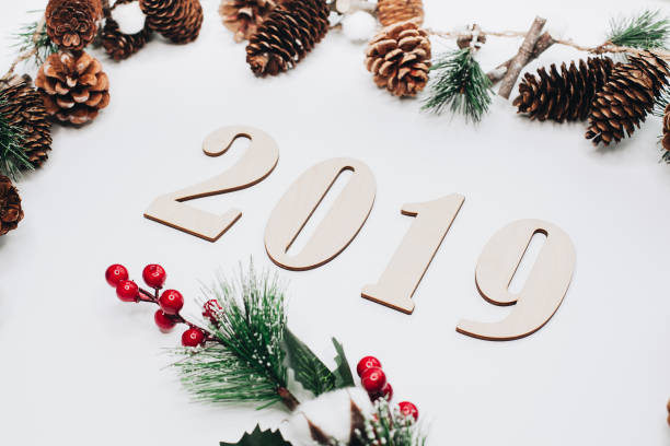 istock Christmas and New Year composition. 2019 simbols and fir branches with cones on white background. 1069288060