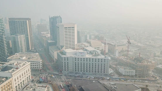 Aerial view of smoke filled skies above San Francisco. Limited visibility above Van Ness and Market Streets.Francisco is filled with smoke from nearby fires.