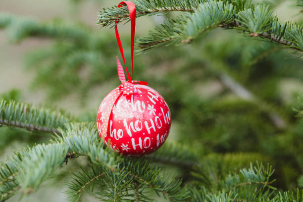 istock Red Christmas ball on green fir tree 1069293546