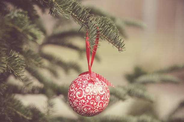 istock Red Christmas ball on green fir tree 1069293682