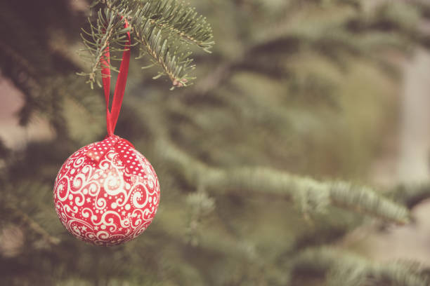 istock Red Christmas ball on green fir tree 1069293806