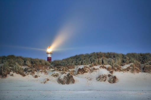 The lighthouse on Ameland island, the Wadden, The Netherlands. During the night