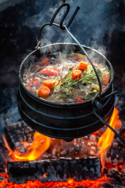 istock Tasty and homemade hunter's stew on campfire 1069304910