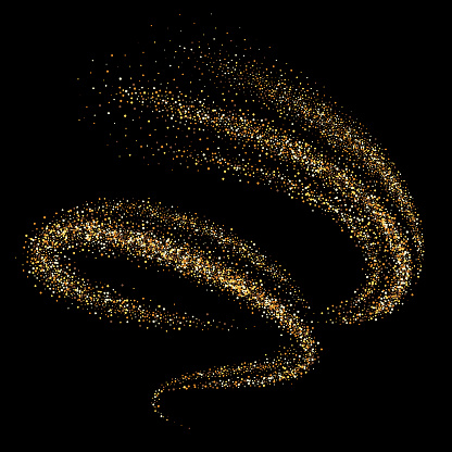 Golden shimmering swirl, vortex or spiral. Isolated abstract motion on black background. Glittering star dust trail. Magic sparkling lines. Vector illustration