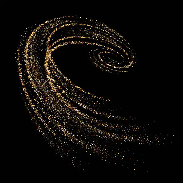Vector illustration of Golden 3d whirlpool, vortex, twist with dynamic particles. Shimmering star dust trail