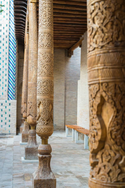 istock Carved wooden pillars in old madrasa Khiva 1069305944