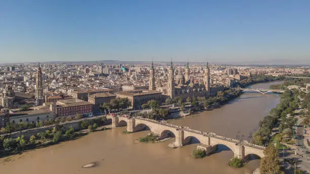 Cityscape of Zaragoza. Basilica of Our Lady of the Pillar. Aerial view