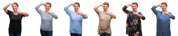 istock Collage of middle age senior woman over white isolated background smiling making frame with hands and fingers with happy face. Creativity and photography concept. 1069306152