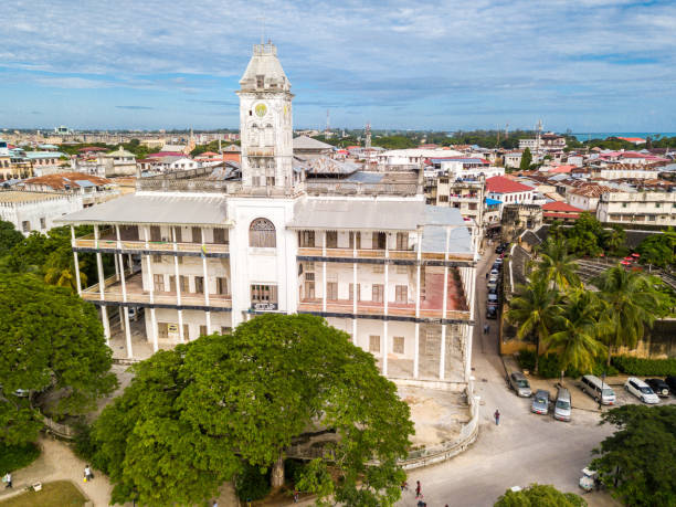 The House of Wonders. Stone Town, old colonial center of Zanzibar City, Unguja island, Tanzania. Aerial drone photo stock photo