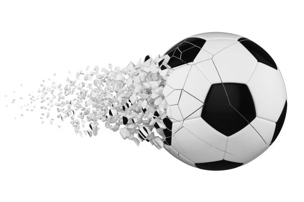 istock Crashed broken soccer ball isolated on white background. White and black shattered football ball. 1069310610