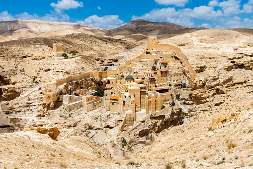 Holy Lavra of Saint Sabbas, Mar Saba, Eastern Orthodox Christian monastery overlooking the Kidron Valley halfway the Old City of Jerusalem and the Dead Sea. West Bank, Palestine, Israel.