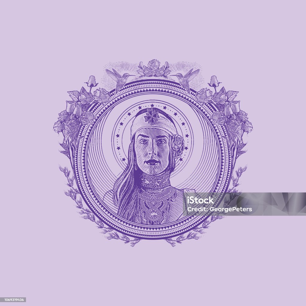 Earth Goddess in decorative circle frame surrounded by hummingbirds and flowers Engraving of a beautiful Earth Goddess in decorative circle frame surrounded by hummingbirds, roses and purple salvia Adult stock vector