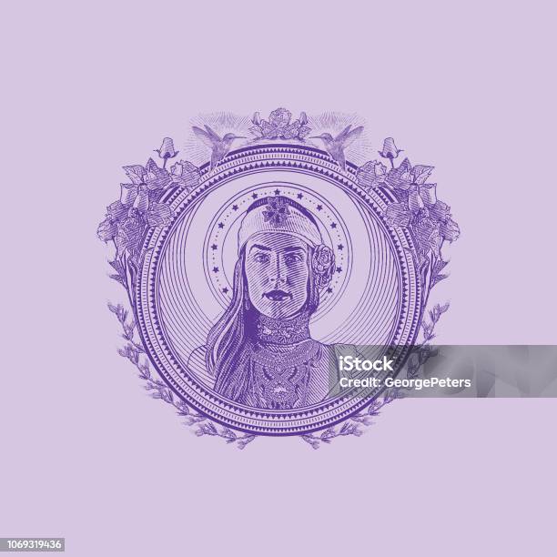 Earth Goddess In Decorative Circle Frame Surrounded By Hummingbirds And Flowers Stock Illustration - Download Image Now