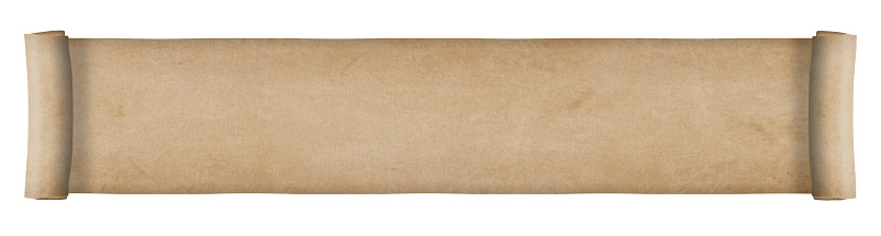 Long old grunge and yellowed paper scroll. Isolated on white background.