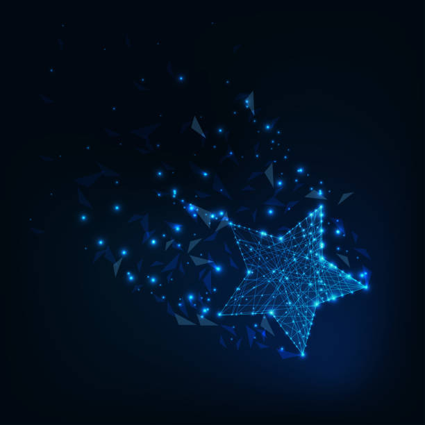 Low polygonal glowing star with tail made of constellation of stars, lines, triangular shapes. Low polygonal glowing five angles star with tail made of constellation of stars, lines, triangular shapes. Success, win symbol concept. Futuristic wireframe design vector illustration. internet fame stock illustrations