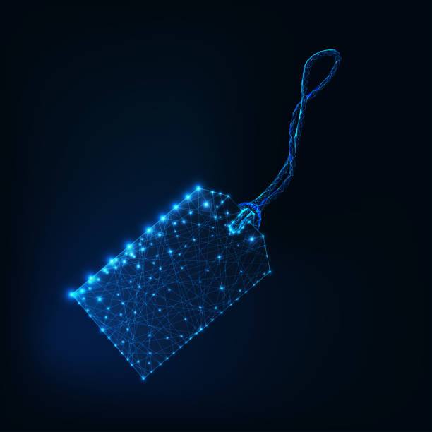 illustrations, cliparts, dessins animés et icônes de rayonnante basse polygonale étiquette prix tag ou un élément de chaîne isolé sur fond bleu foncé. - vector connection e commerce shiny