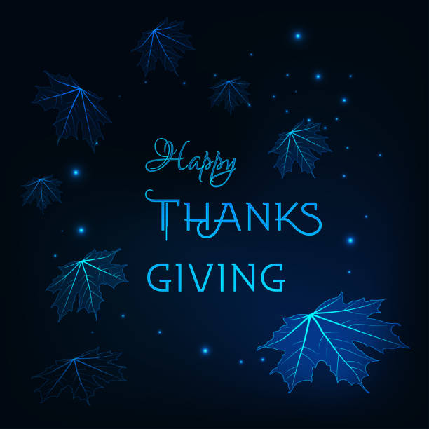 Happy thanksgiving greeting card template with glowing falling maple leaves, stars and text on dark blue background. Happy thanksgiving greeting card template with glowing falling maple leaves, stars and text on dark blue background. Futuristic design vector illustration. thanksgiving holiday silhouettes stock illustrations
