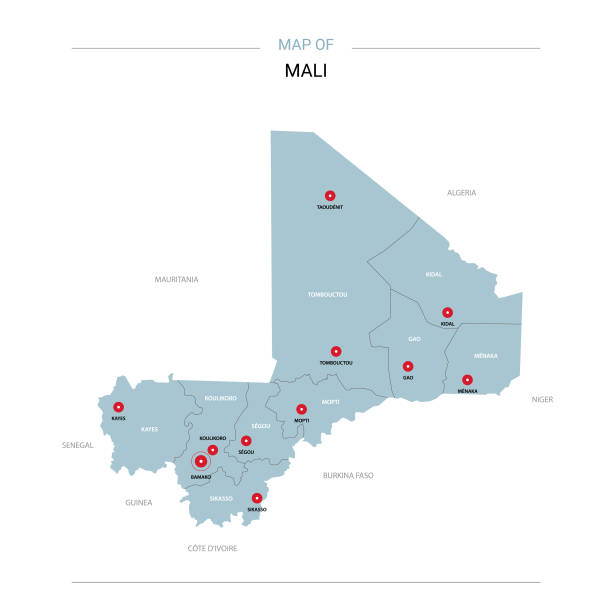 Mali map vector with red pin. Mali vector map. Editable template with regions, cities, red pins and blue surface on white background. mali stock illustrations