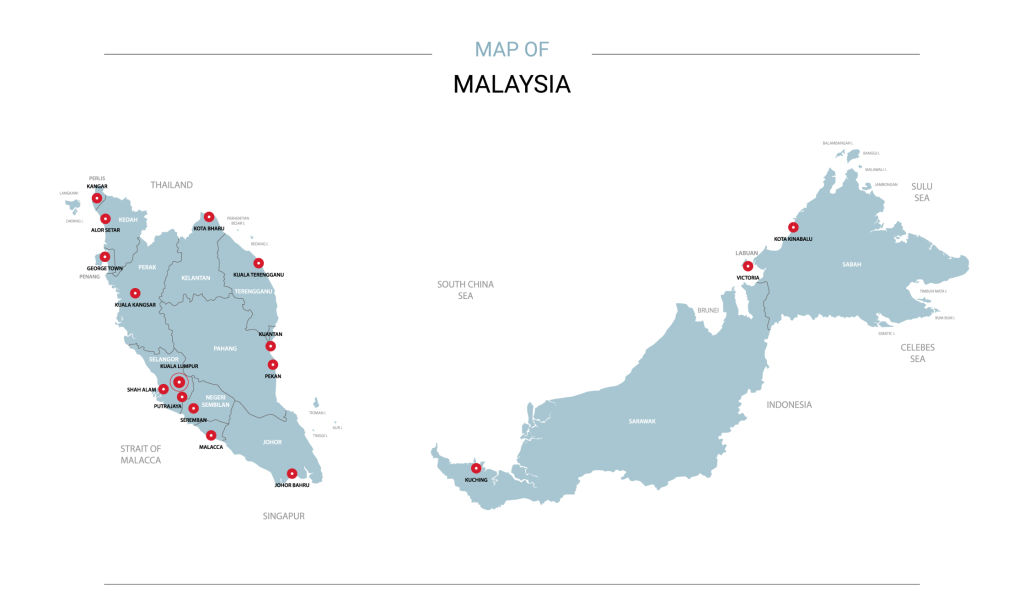 Malaysia vector map. Editable template with regions, cities, red pins and blue surface on white background.