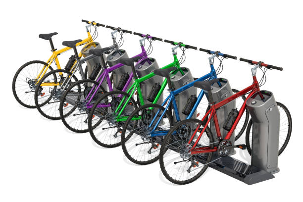 istock Bicycles with bike station. Bicycle rental concept, 3D rendering 1069329332