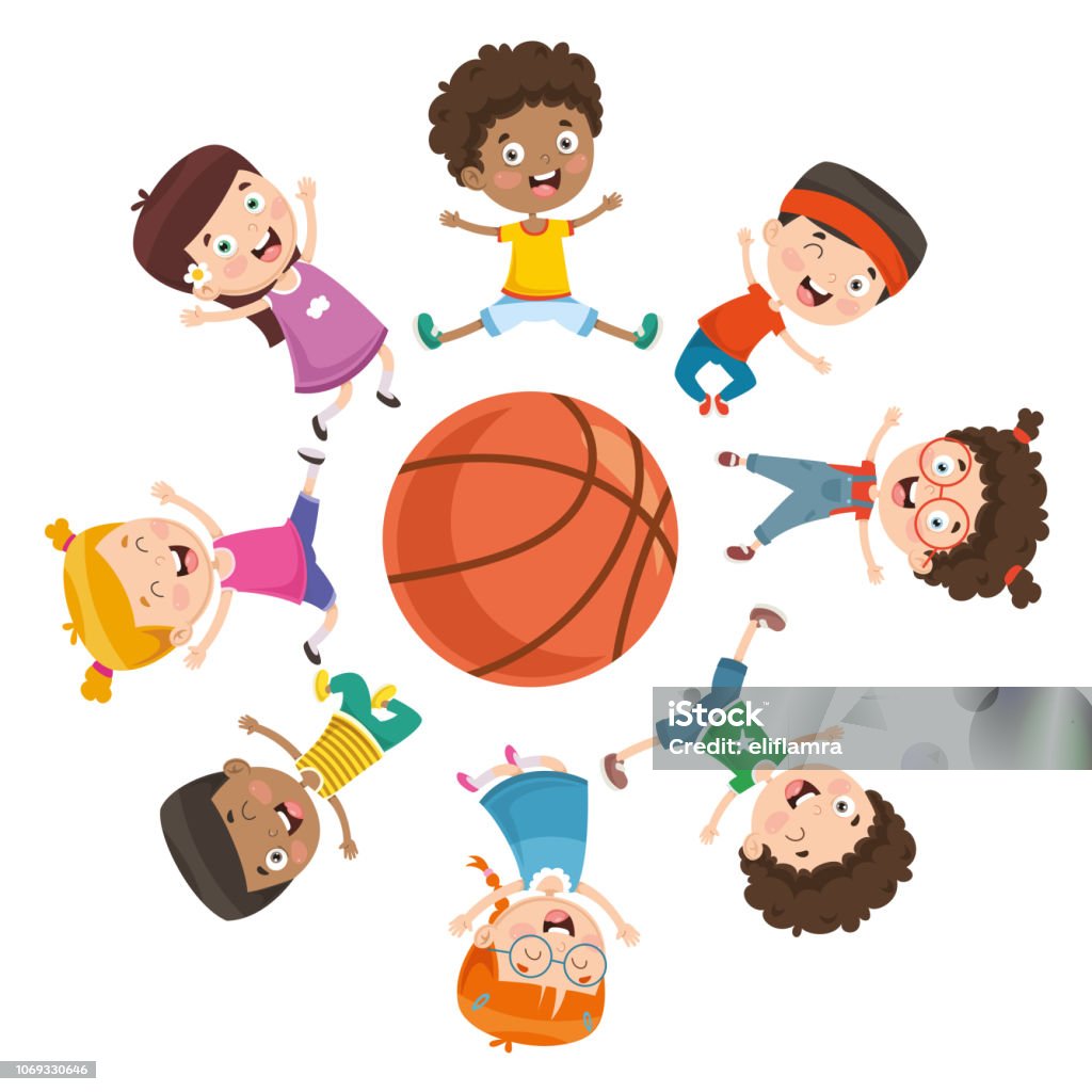 Vector Illustration Of Kids Playing Around A Ball Basketball - Sport stock vector