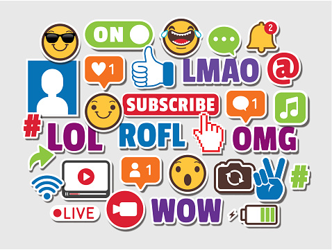 Internet Acronyms (LOL, ROFL, OMG, WOW, LMAO) Social Media Networking Smart Phones Emoticons Online Chat Slang Icons Stickers Vector Illustration