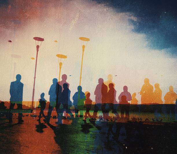 Digital composed multicolored view of people walking on the street