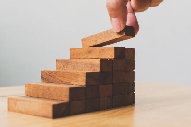 istock Hand arranging wood block stacking as step stair. Ladder career path concept for business growth success process 1069371610