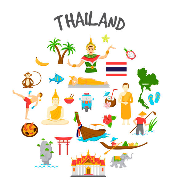 タイ旅行のアイコンを設定 - イラスト - asia thailand vacations wat phra kaeo点のイラスト素材／クリップアート素材／マンガ素材／アイコン素材