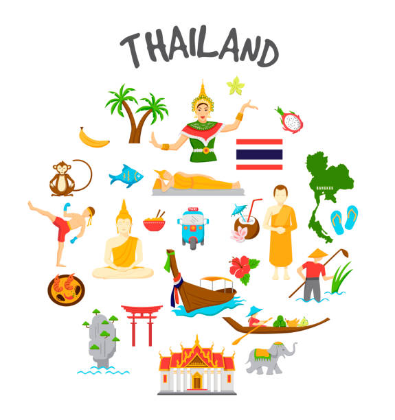 tajlandia zestaw ikon podróży - ilustracja - thai cuisine thai culture food orchid stock illustrations