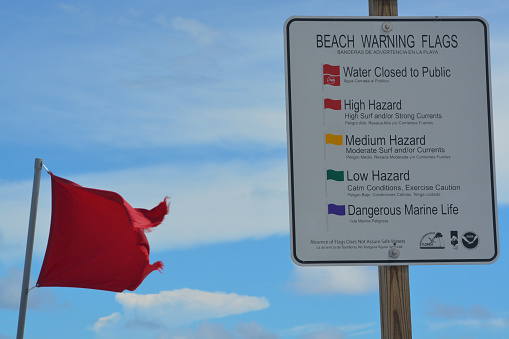 Beach warning signs and flags, Jacksonville Beach, Duval County, Florida
