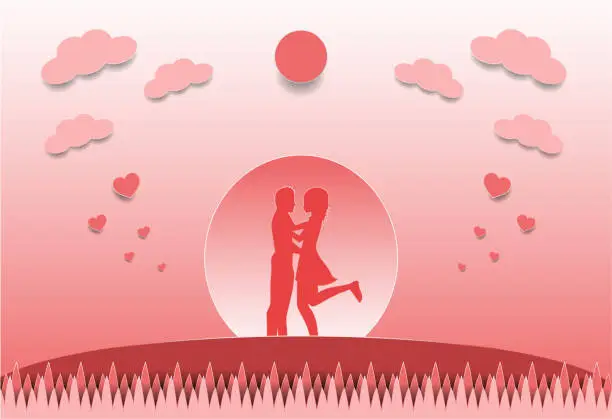 Vector illustration of Valentine's Day illustrations in paper art, cut media, love couple's, women's man with pink background, clouds, grass and hearts.
