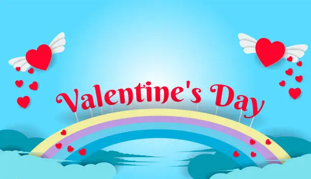 Vector illustration of Flying hearts on Valentine's Day have a rainbow on the sky background in a paper cut work.