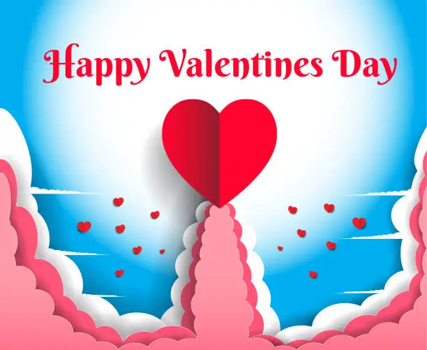 Vector illustration of Happy Valentine's Day Have a big red heart. Surrounded by clouds in the sky Pink and blue.