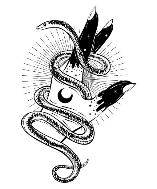 ilustrações de stock, clip art, desenhos animados e ícones de hand with snake bohemian illustration. tattoo art style. decorative drawing in flash tattoo style - hands only flash