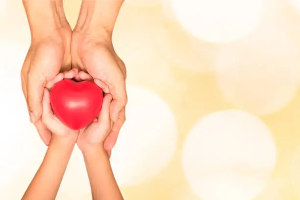 Hands of male dad and little child girl holding red heart ball together with blur green natural light bokeh background. Happy father's day father and daughter concept.