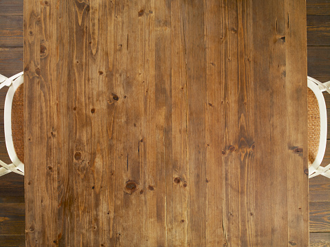 Looking down on a wooden dining table and chairs