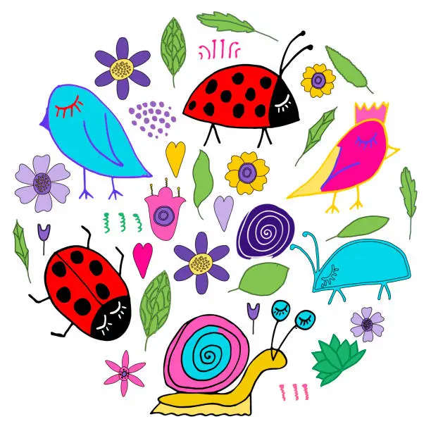 Vector illustration of Hand drawn snail, bug, bird, ladybug, flowers and leaves. Print for kids.