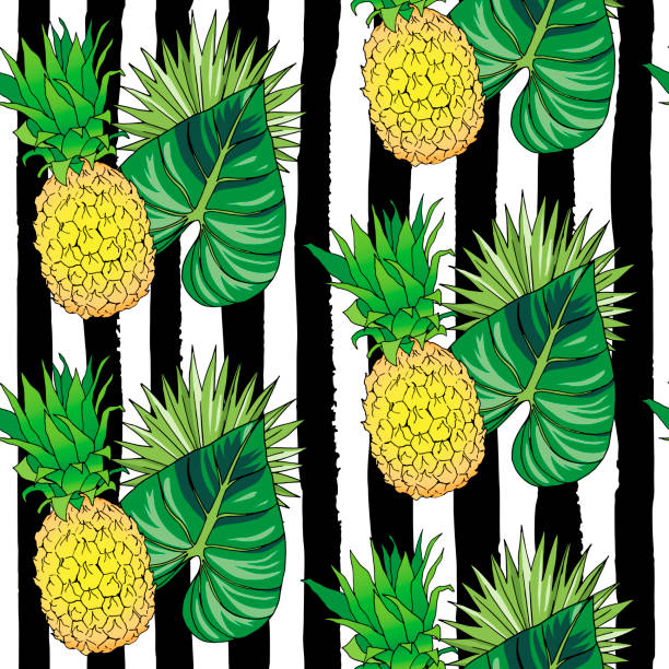 ilustrações de stock, clip art, desenhos animados e ícones de seamless pattern of exotic fruit pineapple on black strips - agriculture backgrounds cabbage close up