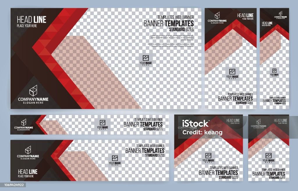 Modelli di banner Web rossi e neri, dimensioni standard con spazio per le foto, design moderno - arte vettoriale royalty-free di Rosso