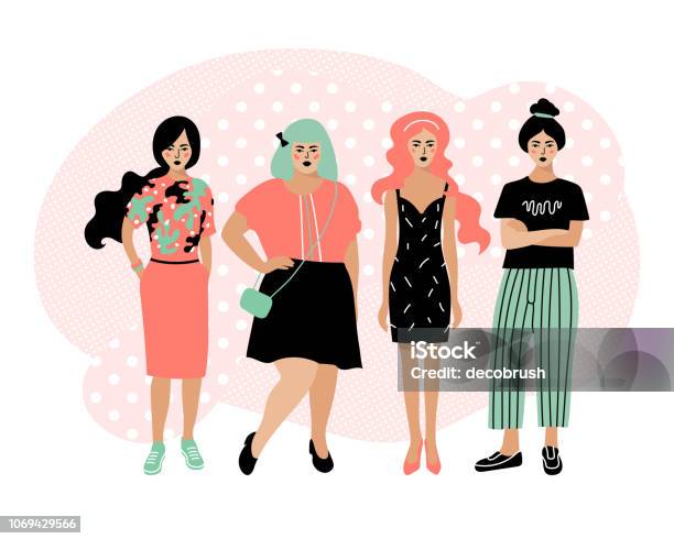 Young Fashion Women Stylish Girls On White Background Plump And Slim Women  Four Women Girlfriends Hipster Style Vector Flat Design Stock Illustration  - Download Image Now - iStock